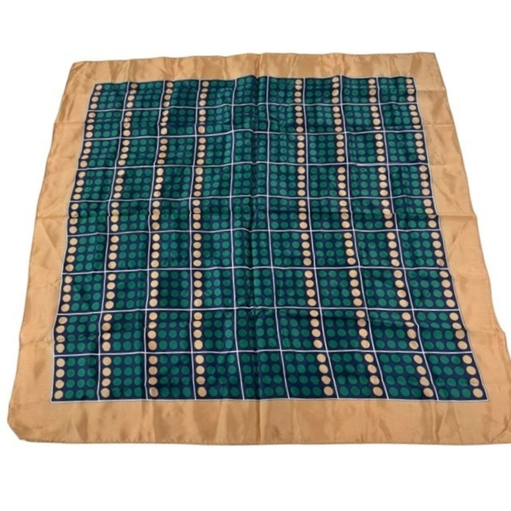 70s Vintage Henryson All Weather Scarf Tan Green Navy Polka Dot Grid 26in Square